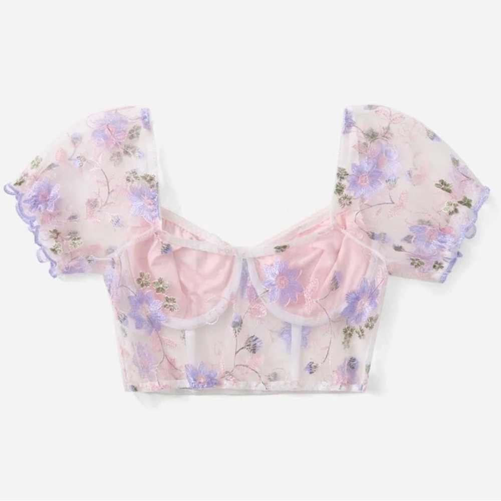 Pink Floral Embroidery Puff Sleeve Sweetheart Neck Top - Picture 7 of 10
